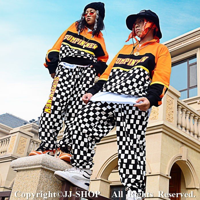 オレンジ 長袖 Tシャツ ダンスパンツ ヒップホップダンス衣装 HIPHOP チェック ズボン キッ
