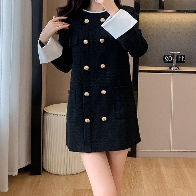 トップス ワンピース レディース ミニ ショート 膝上 長袖 ラウンドネック 襟なし ノーカラー スリム 細身 ストレート Iライン ファスナー ポケット コンサバ ボタン ダブル かわいい 上品