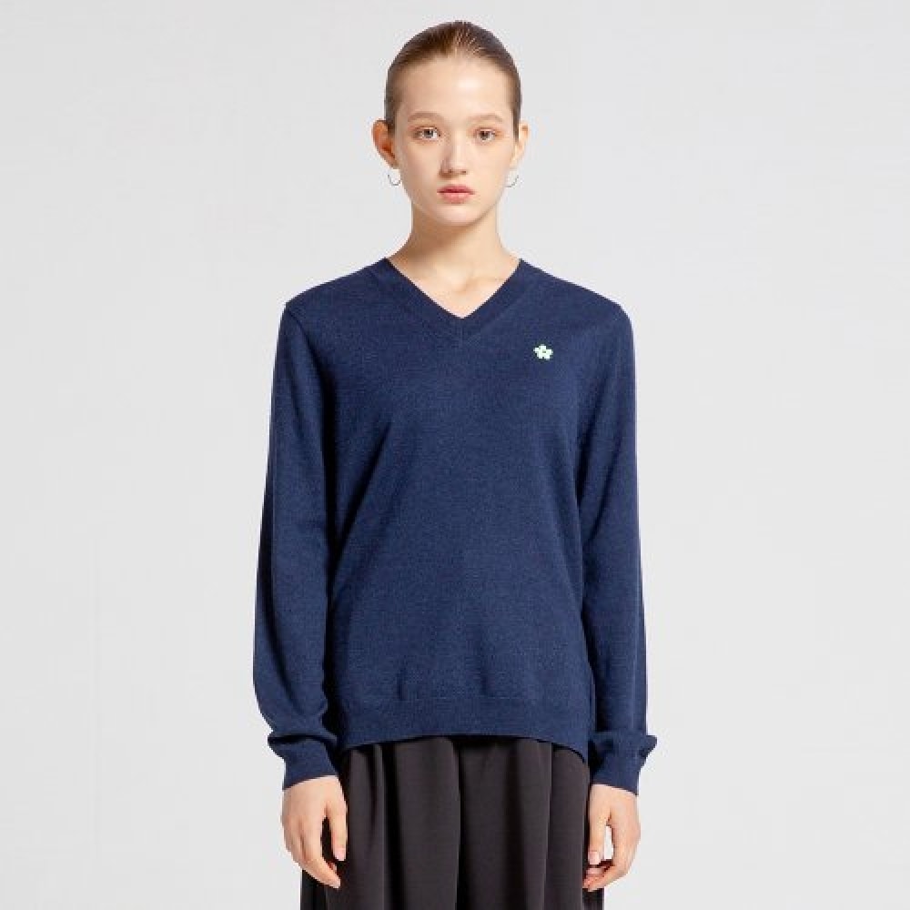ヴィアボンデヴィア 100% ウールフラワー Vネックニット (ネイビー)