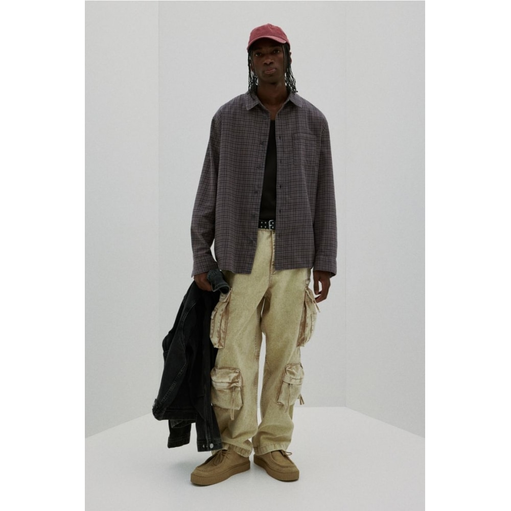 H&M フランネルシャツルーズフィットダークグレー