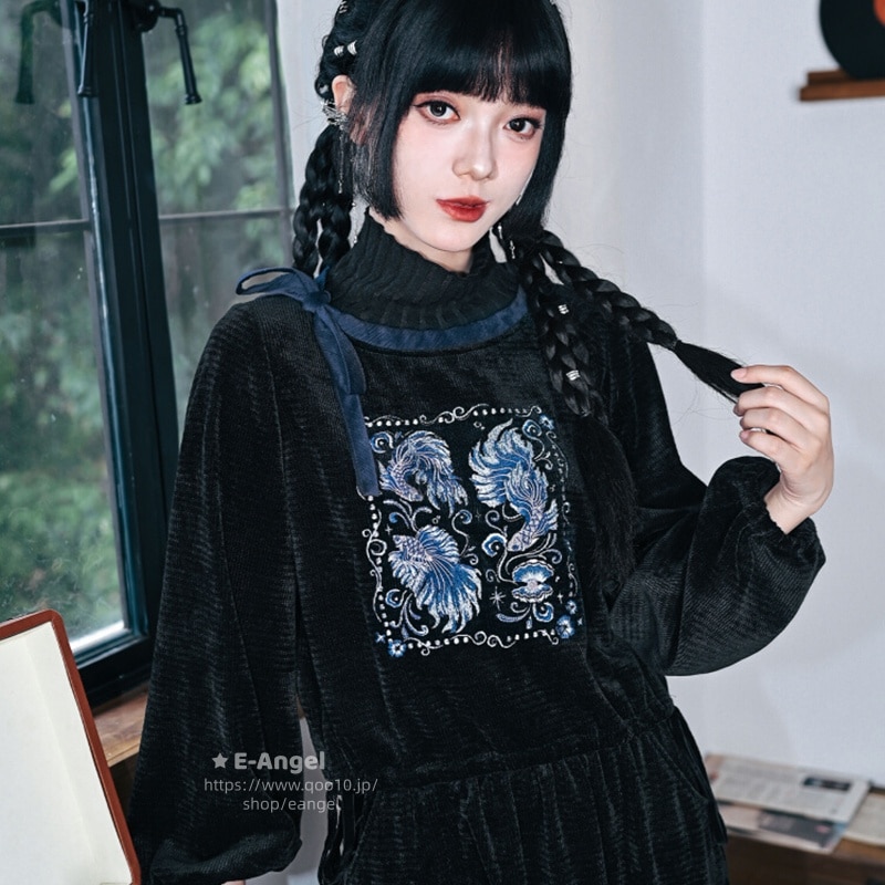 チャイナ風トップス 秋冬 ハイネックトレーナー あったか 重ね着風 魚刺繍パーカー レディース オリジナル 可愛い