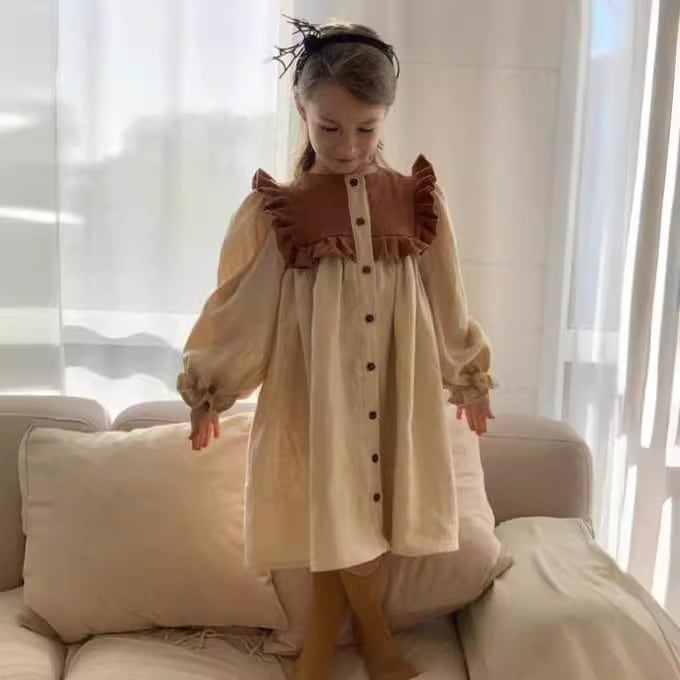 高品質の子供服-春の女の子のドレス，女の子の綿と麻の配色のフリルの長袖のプリンセスドレス，子供のスカートが入荷しました