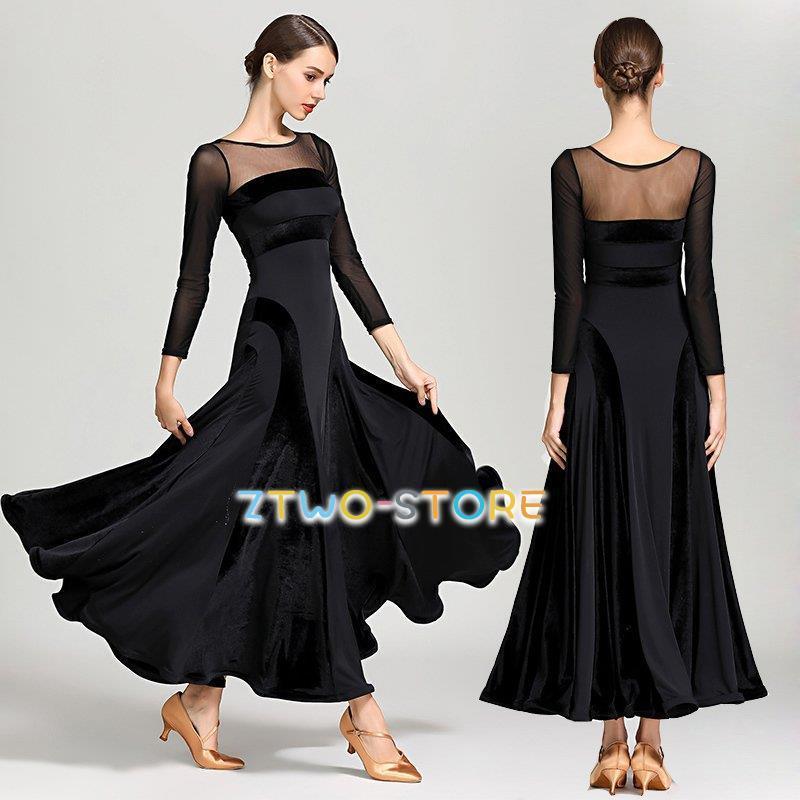 新しい子供用ダンスウェア 社交ダンス 衣装 モダンドレス ラテンドレス 大きい裾 ダンス衣装 黒 ワンピース S~2XL ダンス発表会 競技着 練習着 演出用 2枚購入で2567円OFF