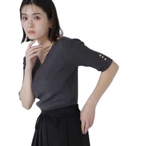 [ナチュラルビューティーベーシック] セーター ニュアンスネックラメリブニット レディース チャコール