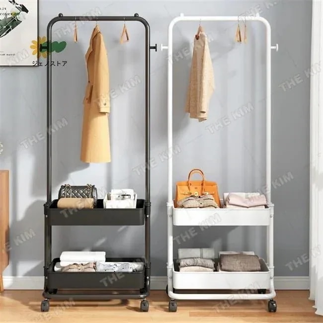 2024ハンガーラック おしゃれ 棚付き キャスター付き トローリーハンガー バスケット コートハンガー バスケット付き カゴ 子供 玄関 収納 多機能 大容量 収納ラック