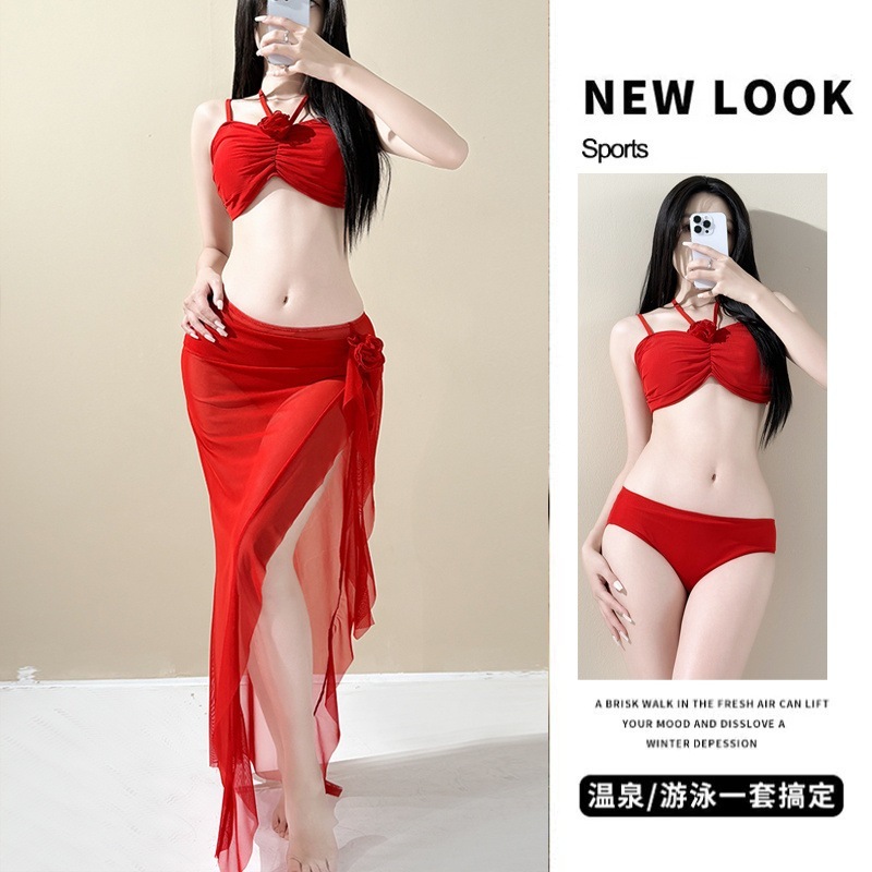 【1つ買うと10つ無料】女性のための水着ビキニスプリットスリーピースセット女性用の温泉赤い水着