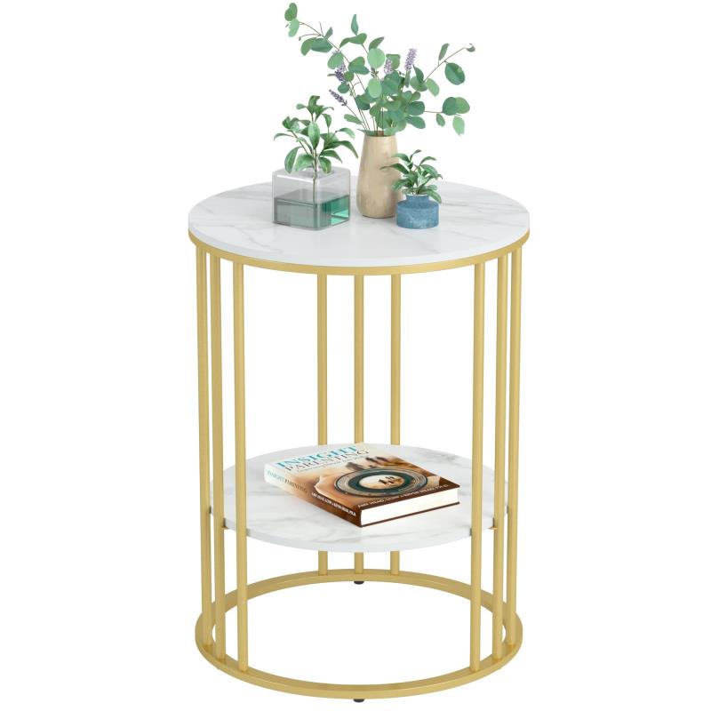 Susire サイドテーブル 大理石 丸型 収納付き ゴールド エンドテーブル モダン コーヒーテーブル 寝室 棚付き 低い ホワイト 2段 可愛い カフェ ソファー用 一人暮らし ナイトテーブル 韓