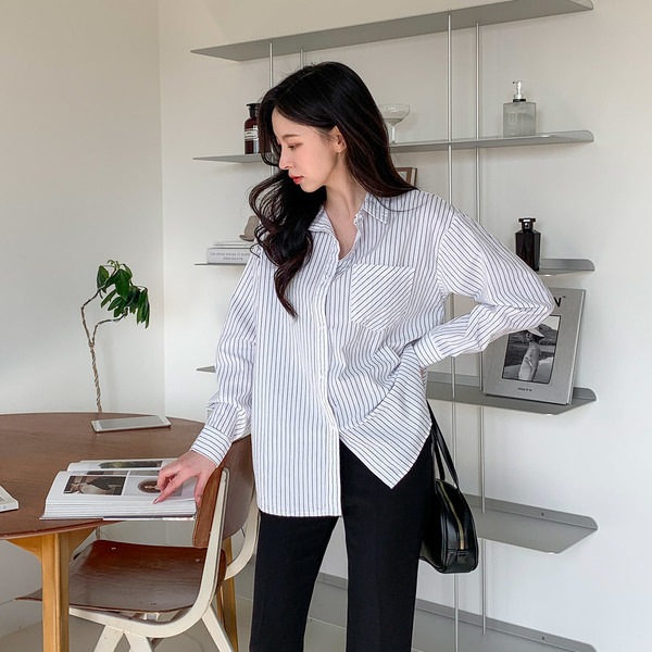 韓国 東大門 アンバランス ルーズフィット ストライプ シャツ ブラウス