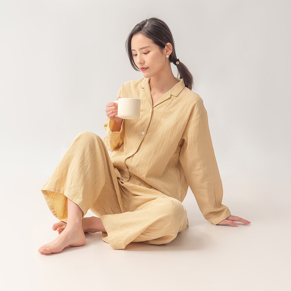 和風ロング純綿パジャマスーツレディース春秋二重綿糸ズボン薄手長袖ホーム服ゆったりスタイル