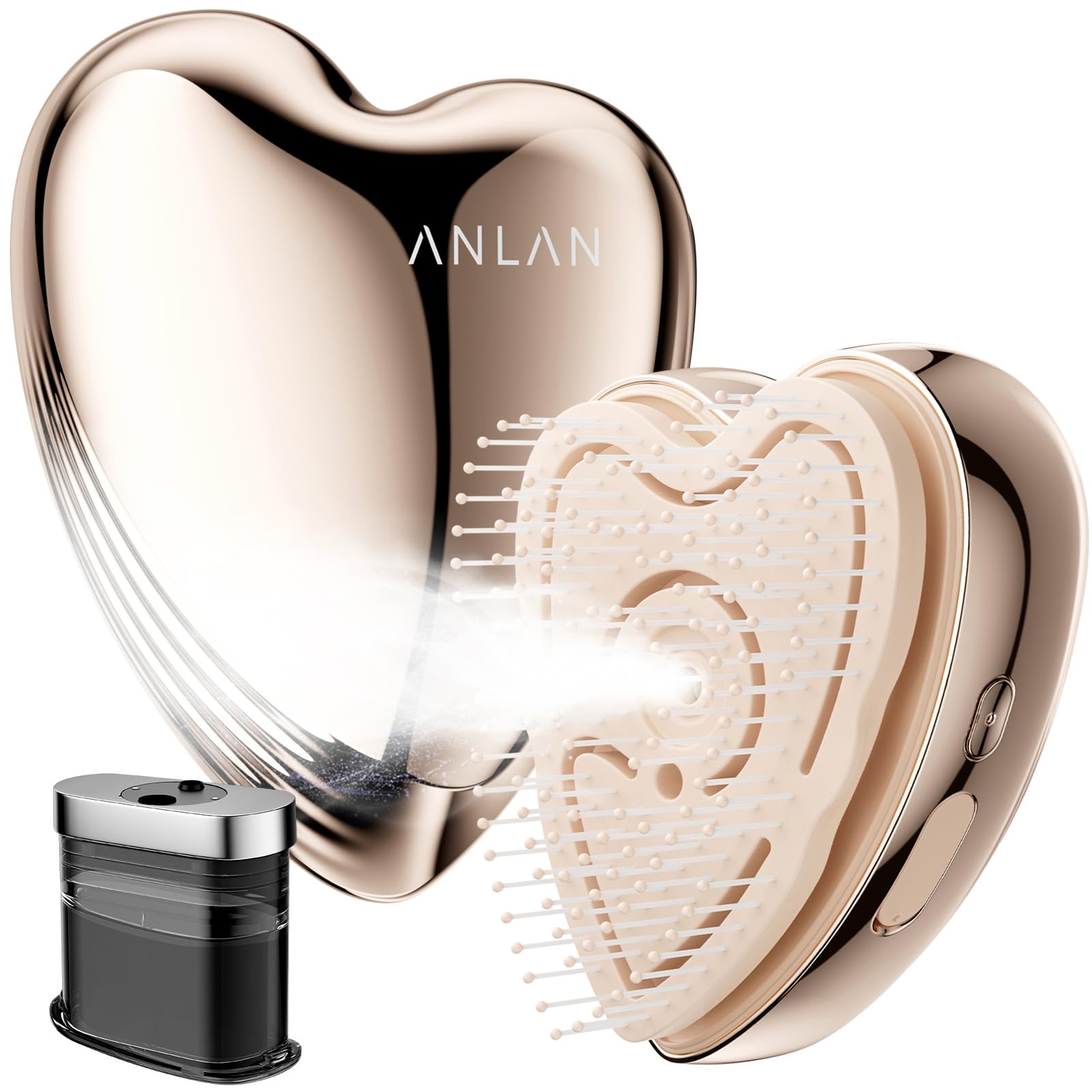 【美人百花ミストヘアブラシ部門NO1】ANLAN グロウケアブラシ ヘアブラシ ヘアオイル一体化 ミストケア 1.2億マイナスイオン 静電気防止 2種類ブラシカバー ミラー付き ハート型 可愛い プレ