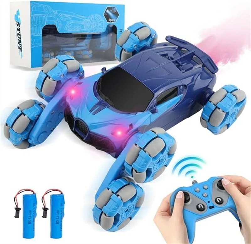 ラジコンカー 子供向け リモコンカー - FlyCreat スプレー機能 バッテリー2個 六輪駆動 両面走行 無線制御 360フリップ回転スタントカー 自動デモ 音楽 360度回転 USB充電 2.4