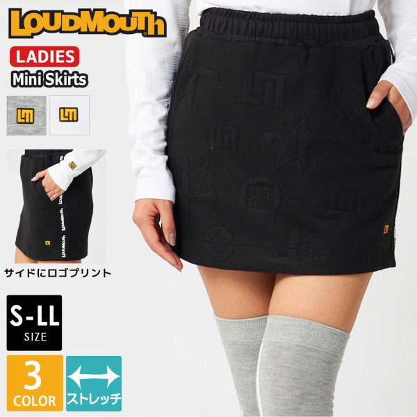 ラウドマウス ゴルフウェア スカート レディース ミニ丈 スポーツブランド ストレッチ 伸縮性 袋ジャガード 切替デザイン ロゴ プリント Dカン付き ポケット付き