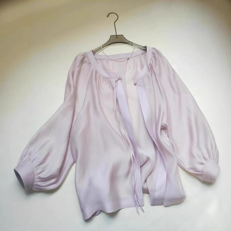 女性用 シャツ 七分袖 シフォン トップス 春夏 薄手 防晒 接触冷感 ポリエステル ワイドシルエット ラウンドネック 泡泡袖 かわいい 紫色 軽量 通勤 普段使い 日韓 カジュアル 切り替え デザイ