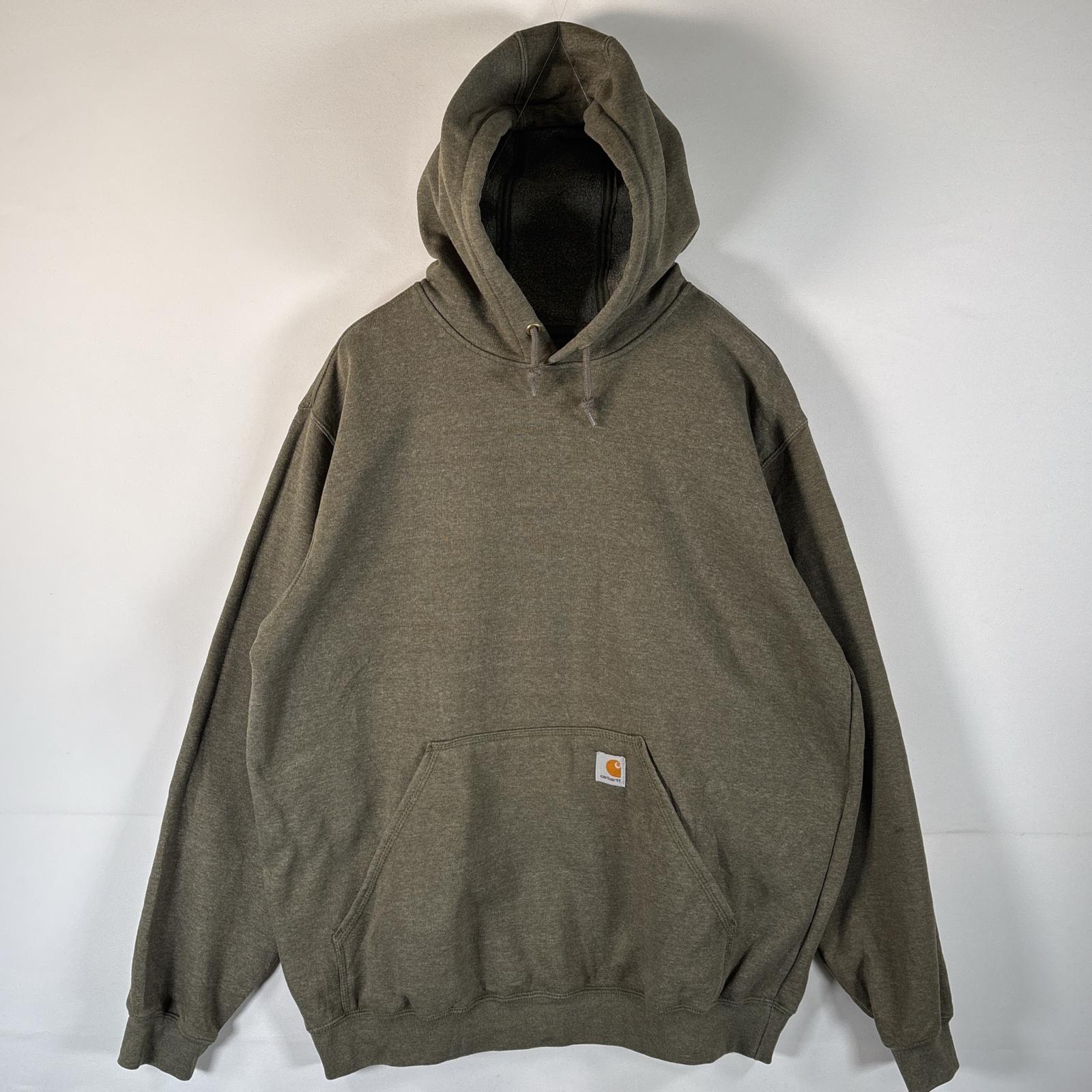古着 パーカー プルオーバー 袖ロゴプリント ワンポイント フーディ マフポケット L カーキ系 メンズ