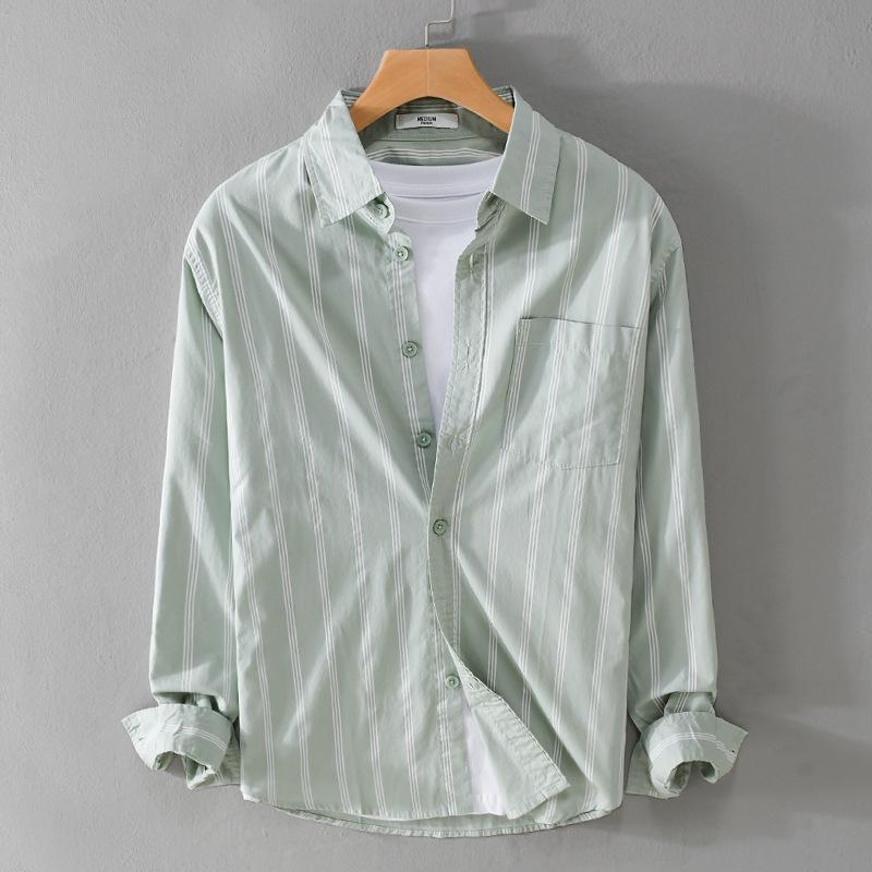ストライプ シャツ メンズ 長袖 フロントボタン 胸ポケット 襟付き 薄手 カジュアル 羽織り 柔らかい ビジネスシャツ 通勤 通学