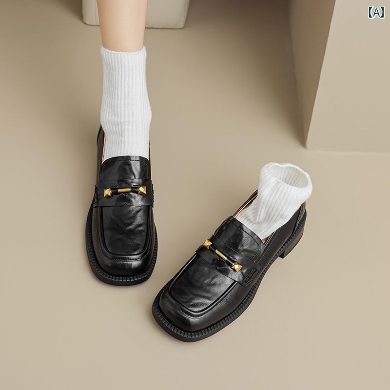 ローファー レディース オフィス 通勤 仕事 レトロ スクエアトゥ スリッポン 革靴 女性 革 ファッションメタル バックル 深口 フラット