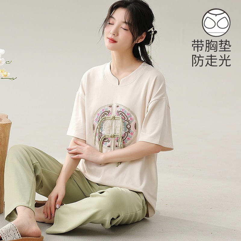 夏用女性用胸パッド付きワンピースパジャマ純綿半袖ズボン新中国風国民風家庭服2点セット