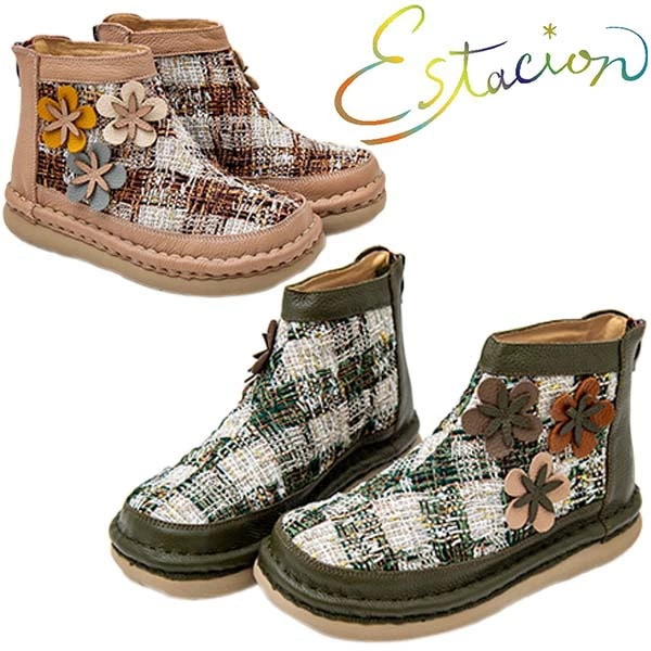 estacion エスタシオン TGE552 レディース ショートブーツ 本革 厚底 ツイードMIX 花モチーフ 可愛い 軽量 後ろファスナー ウエッジソール ローヒール ハイカット 履きやすい