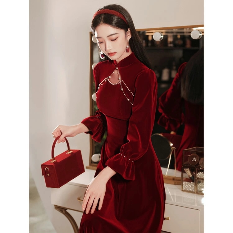 結婚式ドレス 二次会ドレス ワイン赤 ベロア ベルベット パール オシャレ ロングドレス ゲストドレス 立ち襟 チャイナ風ドレス イブニングドレス ワインレッド お呼ばれドレス 成人式ドレス 同窓会