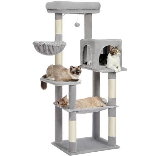 PETEPELA(ぺテぺラ) キャットタワー スリム 大型猫用 猫タワー 据え置き 省スペース 登りやすい ハンモック 見晴台 ねこハウス ボンボン 天然麻紐 爪とぎ 運動不足解消 多頭飼い - グレ
