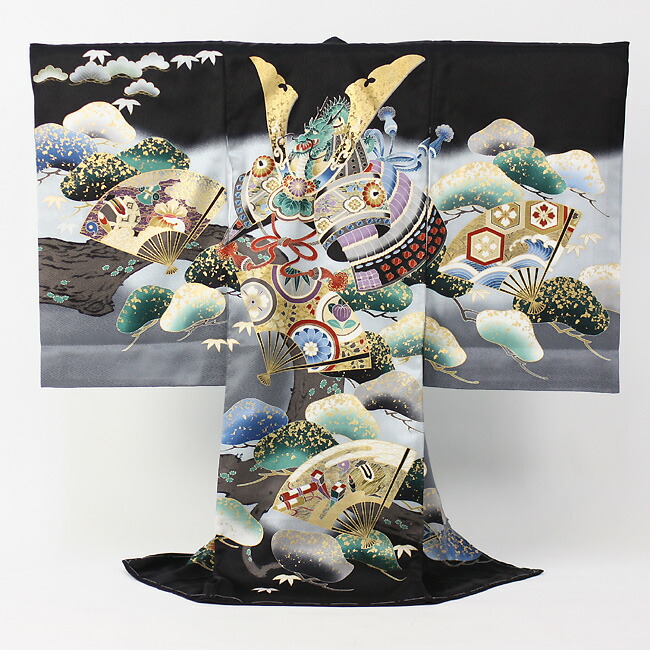 レンタル お宮参り 男の子 着物 レンタル 正絹黒地に兜 龍と扇子柄 祝着 正絹 初着 お宮参り 産着 宮参り 男児 男の子 衣装