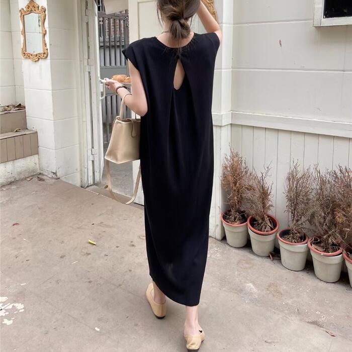 フレンチスリーブ ワンピース ドレス Tシャツワンピ バックオープン レディース きれいめ カジュアル ロング丈 大人 可愛い フェミニン Aライン 体型カバー ホワイト グレー ベージュ ブラック