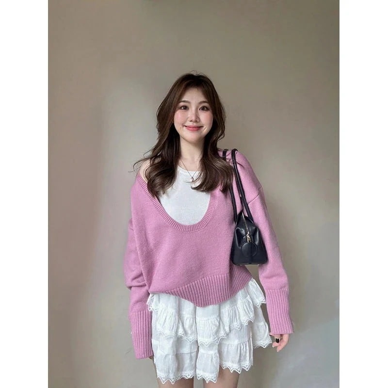 2025秋のファッションレッジビッグVネックゆったりニットトップス+タンクトップ+スカートジャージパーカーセットアップレディーススウェット上下セット3点セット