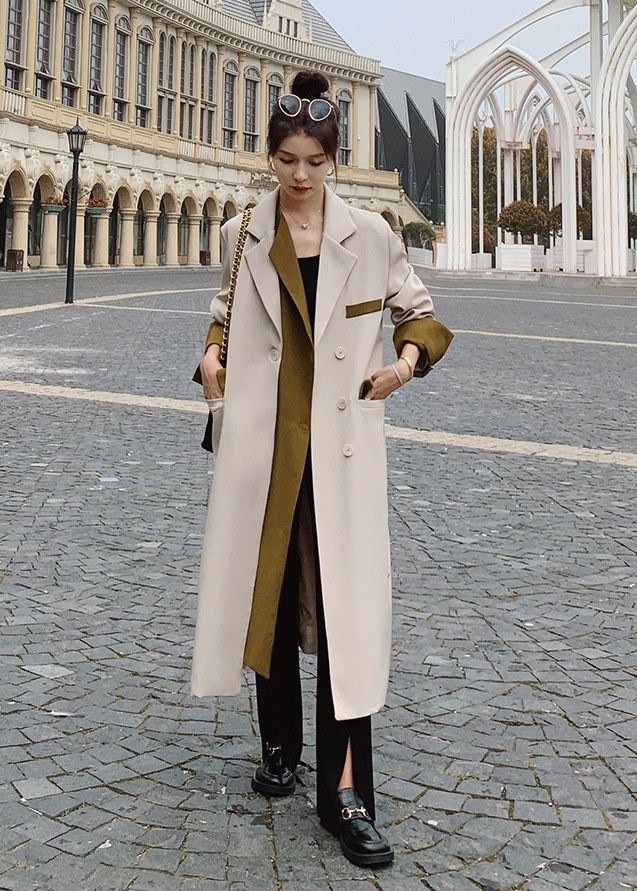 トレンチコート レディース アウター 春 秋 バイカラー コート ロングコート 黒 白 春秋 大きいサイズ 小さいサイズ スプリングコート ウエストベルト ウエストマーク シンプル カジュアル バレン