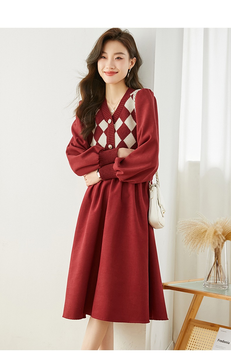 エレガントなフレンチ V ネック スプライシング セーター ドレス 冬 ニット ドレス 女性 クラレット ブラック ブラウン S M L XL ワンピース 膝上 袖あり かわいい 大人可愛い きれいめ