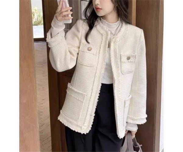 レディース ジャケット アウター 上着 羽織 前開き ノーカラージャケット ミドル丈 長袖 ラウンドネック ノーカラー ストレート 異国風 ツイード フリンジ 大人可愛い きれいめ シンプル 上品