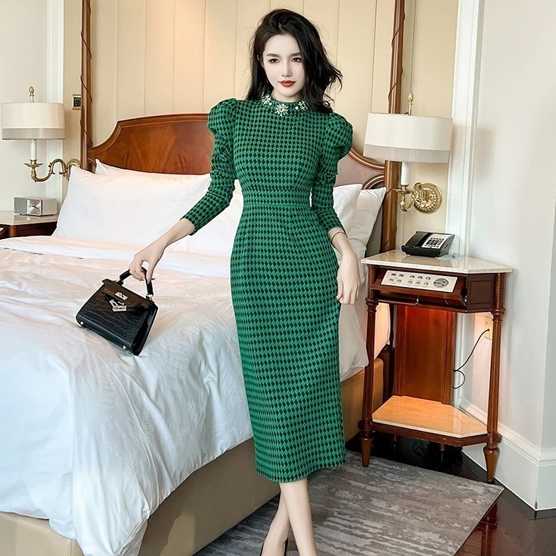 秋冬 レトロ フリル ロングワンピース チェック柄 タイト パーティードレス キャバ 着痩せ 大