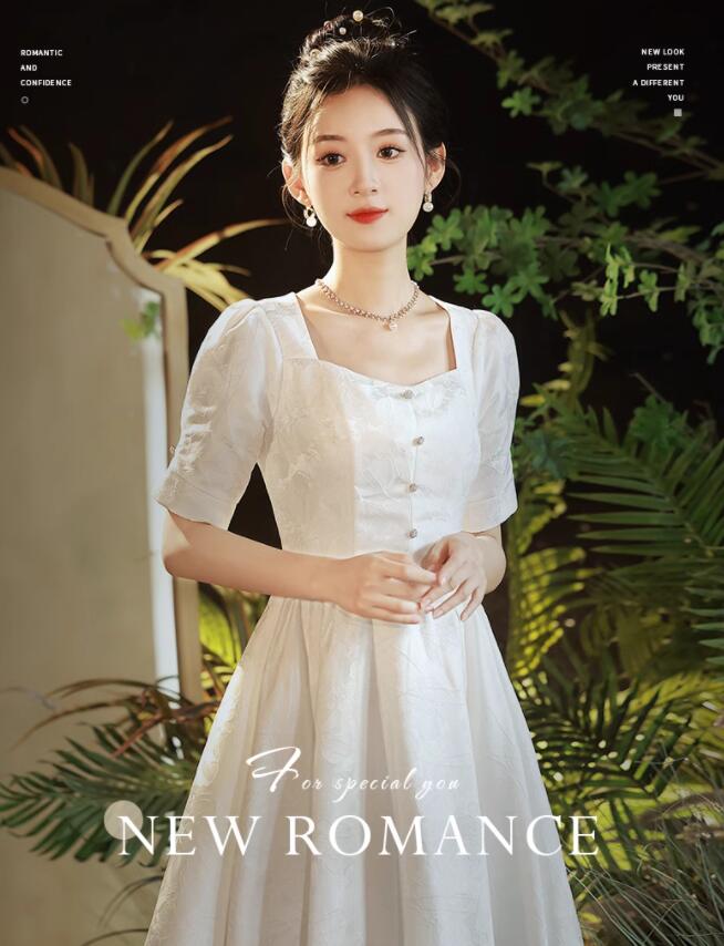 大流行のレディース ドレス エレガント ウェディングドレス 結婚式 パーティー 宴会 お呼ばれ 礼服 成人式 小柄 ミモレ丈 着痩せ シングルブレスト aライン 上品 キレイめ 姫系 ホワイト 半袖