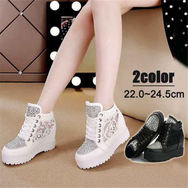 【新品】スニーカー レデイース シューズ 厚底スニーカー ハイカット ハイカットスニーカー レース 透け感 インヒール 厚底 ヒール9cm フェミニン
