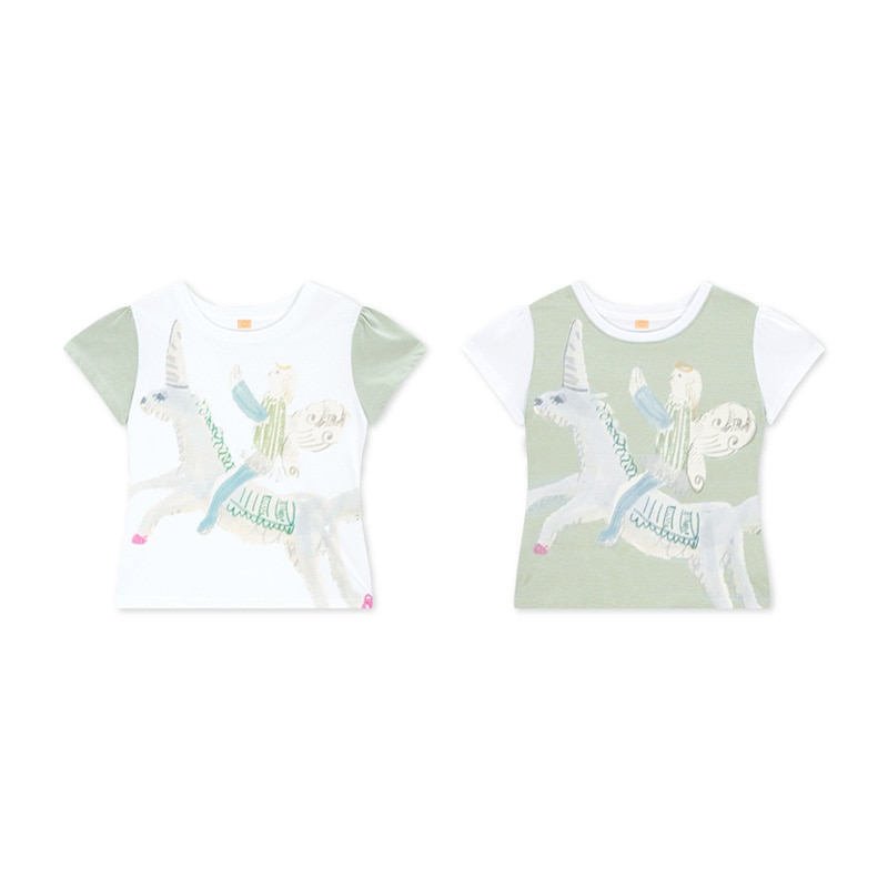 [IVE レイ 着用] Color Block Unicorn Puff T-Shirt 2color 韓国 アイドル 半袖 Tシャツ トップス レディース 夏