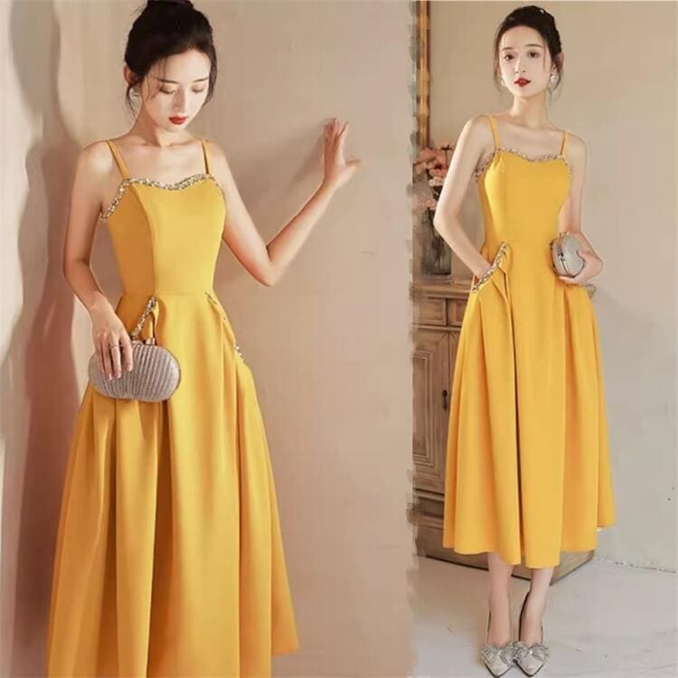 パーティードレス　レディース　Aライン　吊りスカート　イエロードレス　 ミディアム丈　ミモレ丈　ミディアムドレス　 二次会ドレス フォーマルドレス　 二次会 レース 成人式 同窓会 謝恩会 大
