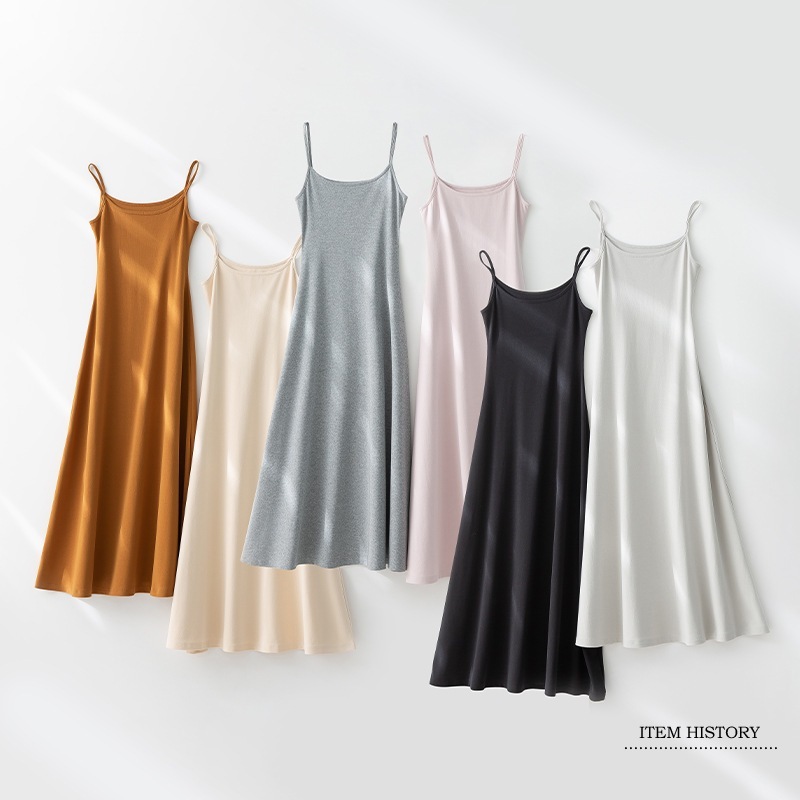 2024夏ノースリーブウエストレディースハイエンドエレガントピュアコットンスリムフィット気質ロングスカートストラップニットドレス