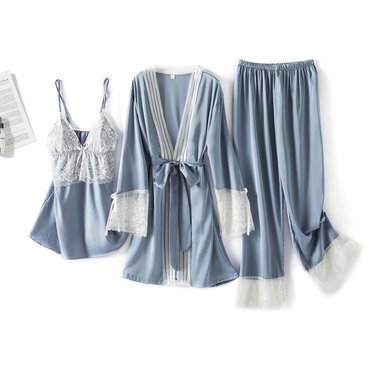 【送料無料】レディース パジャマ キャミソールシャツ パンツ ガウン 3点セット レース 1