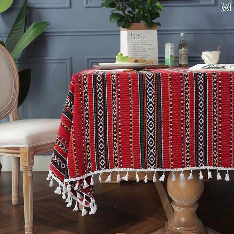 テーブルクロス レトロ 汚れ防止 机カバー 布 雑貨 ボヘミアン キッチン ダイニング リビング おしゃれ 厚手 ストライプ タッセル 赤