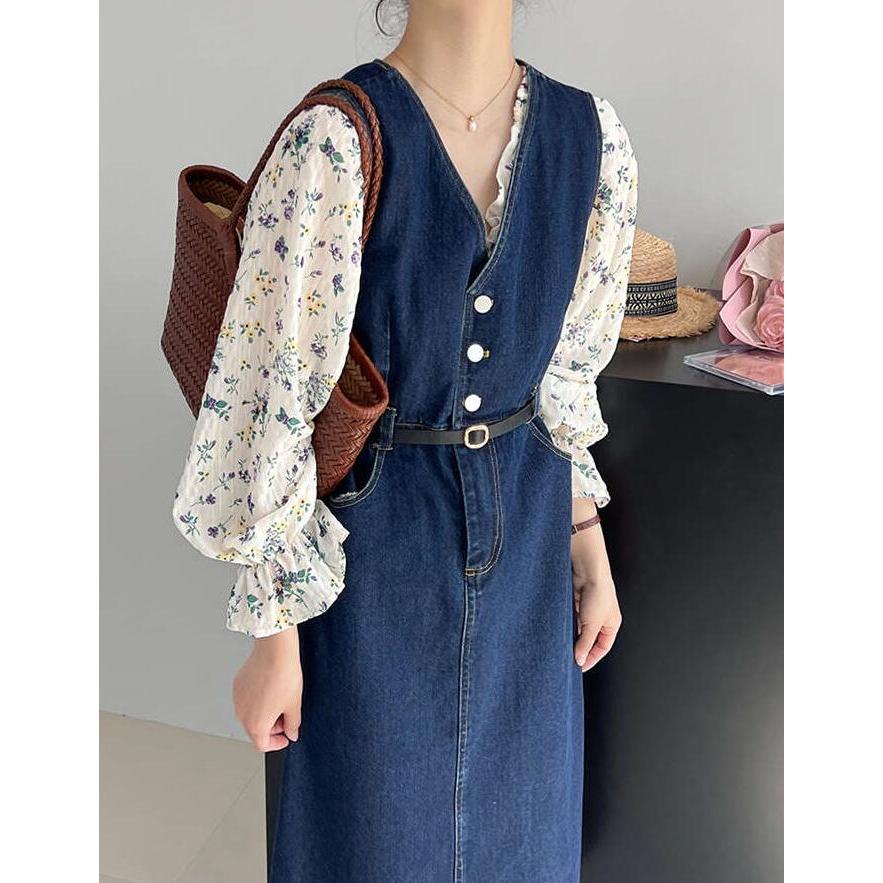 ワンピースレディース春ジャンパースカートジャンスカVネックロング丈ワンピースノースリーブ重ね着レイヤード体型カバーゆったりカジュアル