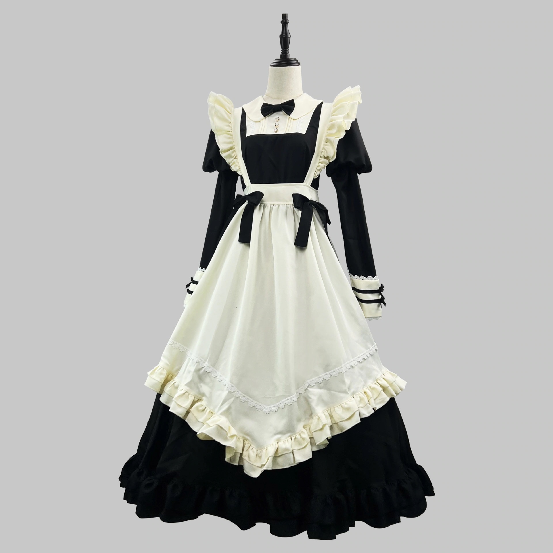ロリータロングプラスサイズメイド 服 黒 日系 レース メイド カフェ 可愛い