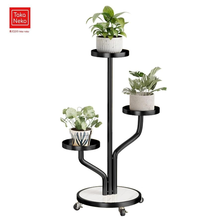 観葉植物 台 3段アイアンプラントスタンド車輪とKTボードベースを備えた可動式メタルスタンドリビングルームバルコニー用プラントシェルフ