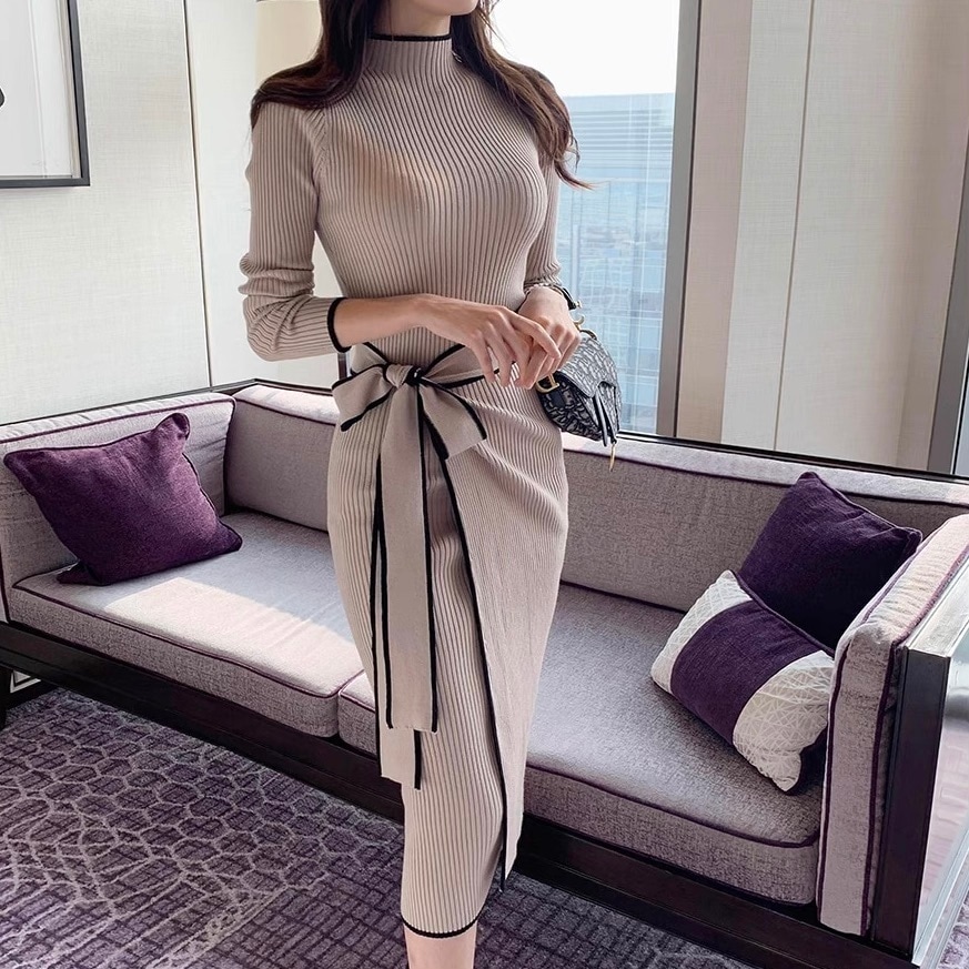 レディース ワンピース ニットワンピ ミモレ 長袖 ハイネック タイト スリム 細身 スマート フェミニン ウエストマーク ウエストリボン ハイウエスト リブニット コンサバ バイカラー 大人可愛い
