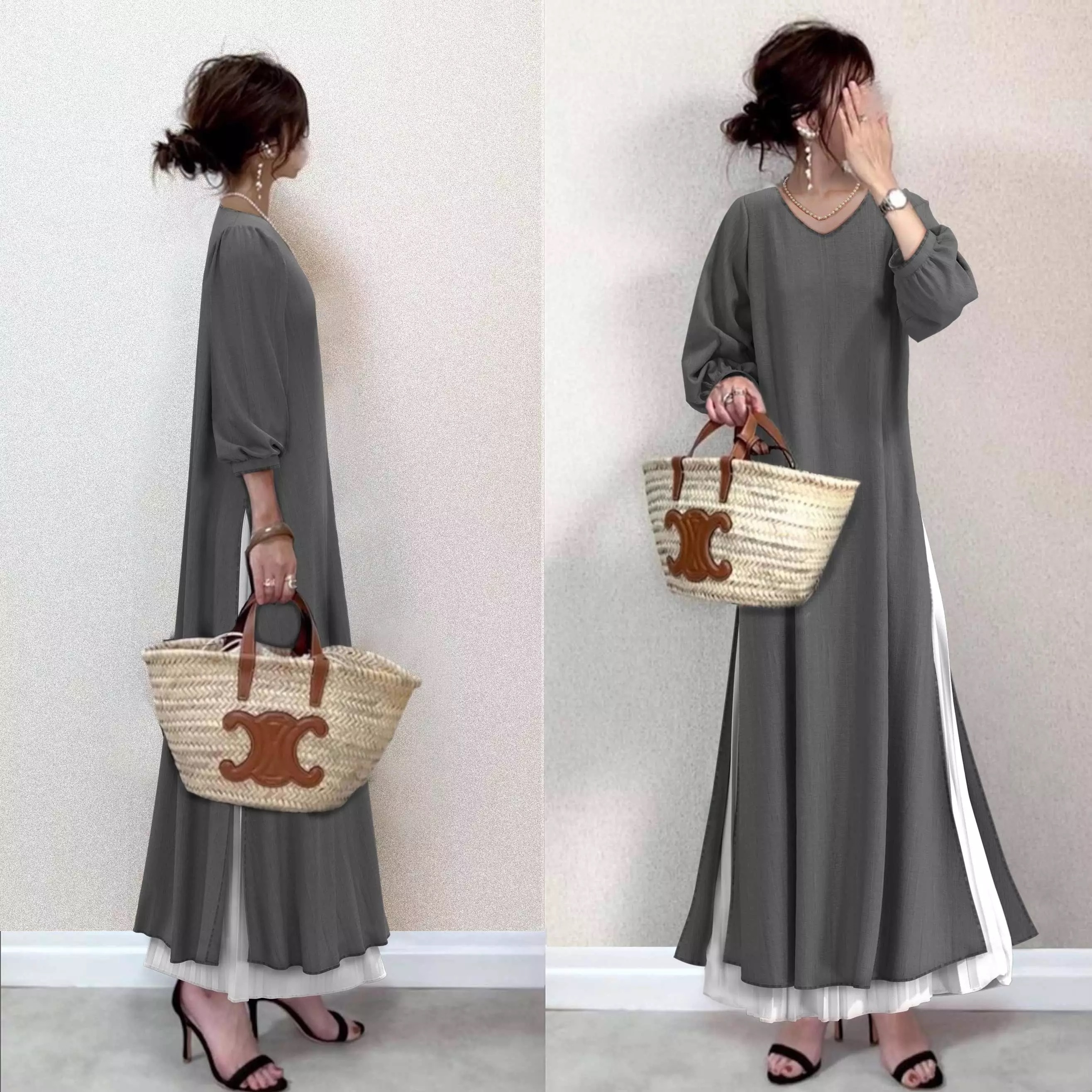 【再入荷予定】可愛いデザイン フェミニン 長袖 ラウンドネック 切り替え Aライン レディース ワンピース