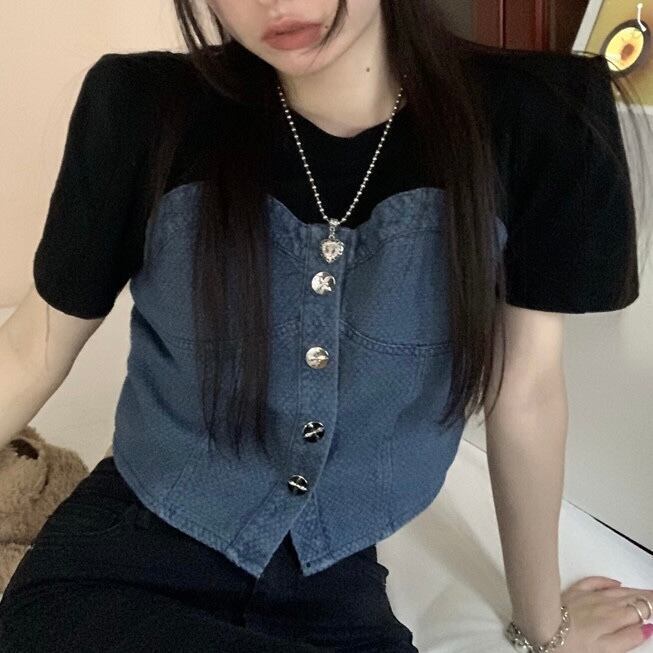 トップス プルオーバー フェイクツーピース ビスチェ風 レディース ショート 半袖 ラウンドネック ストレート ボタン デニム かわいい 大人可愛い きれいめ シンプル カジュアル おしゃれ かっこい