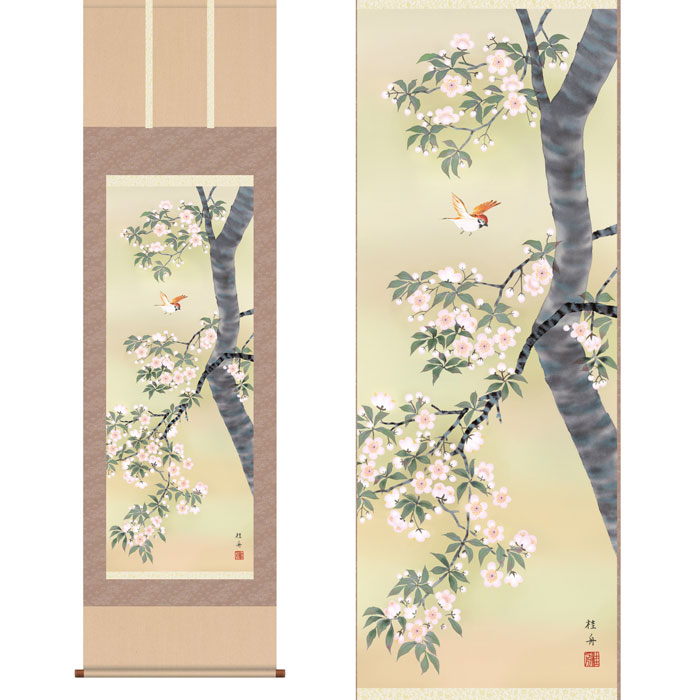 掛軸「桜花に小鳥」 長江桂舟 筆 [ 収納箱 10年保証 43ｘ111 国産 国内産 陽春 桜 和 和室 リビング 受注生産 床の間 和風 掛け軸 日本製 名画 縁起物 プレゼント 画寸 ]