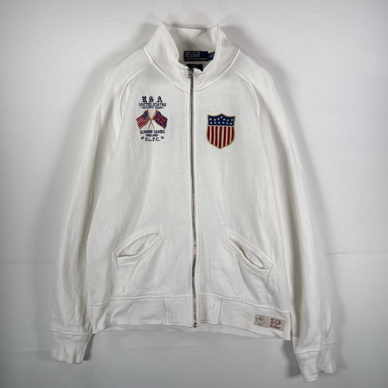 古着 ポロバイラルフローレン Polo by Ralph Lauren スウェット フルジップ ワッペン刺繍 ロンドンオリンピック L ホワイト メンズ