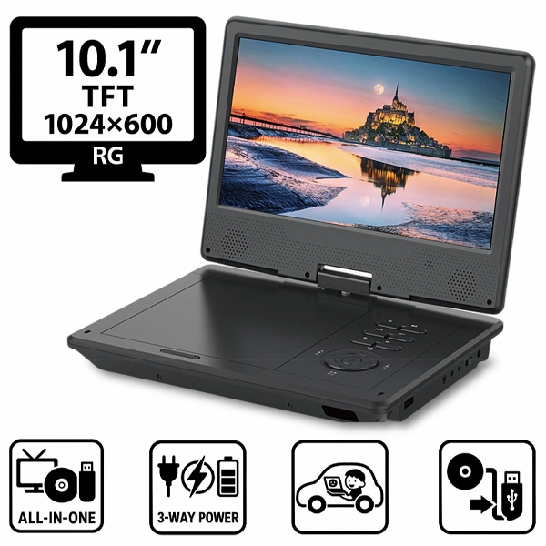 ポータブルDVDプレーヤー 10.1インチ 地デジTVチューナー搭載 DVD/CD再生 3電源対応 車載用バッグ付属 多軸回転型モニター HAK-10TV