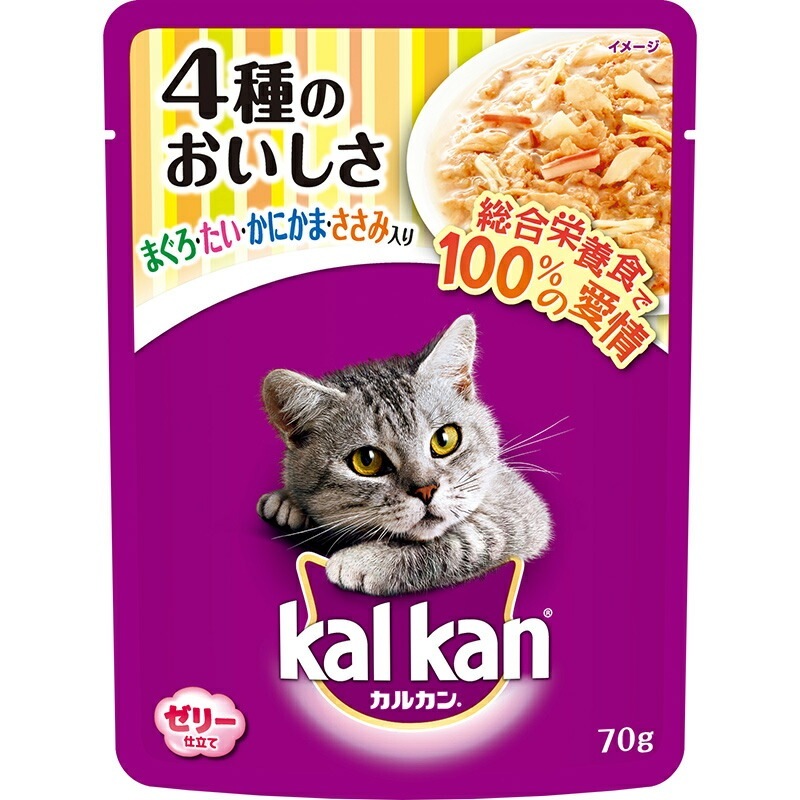 （まとめ買い）マース カルカン パウチ 1歳から ゼリー仕立て 4種のおいしさ まぐろ/たい/かにかま/ささみ入り 70g [x40]