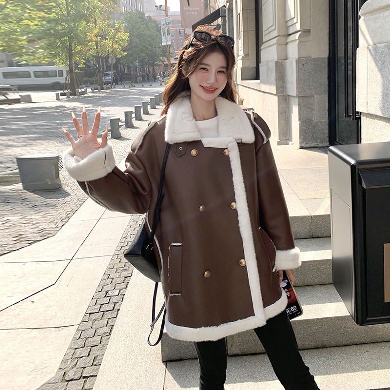 韓国ファッション 毛皮一体羊毛コート2024新型ファッションカジュアル厚手保温コート