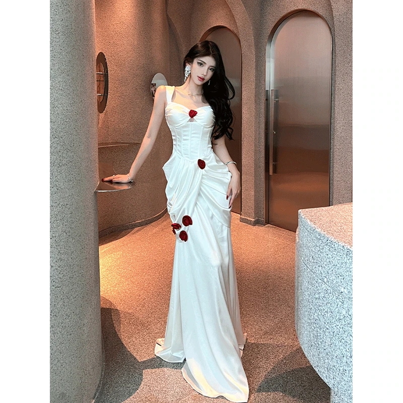 パーティードレス 豪華な立体花ホルタープリーツロングイブニングドレスドレス